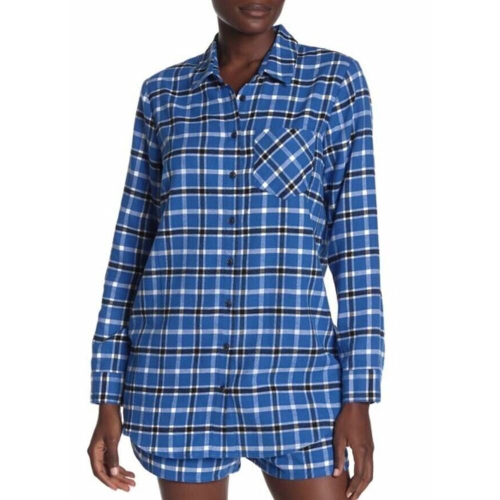 Free Press Women's Plaid Flannel Night Shirt in Blue Marmara Rose Plaid‎ Medium